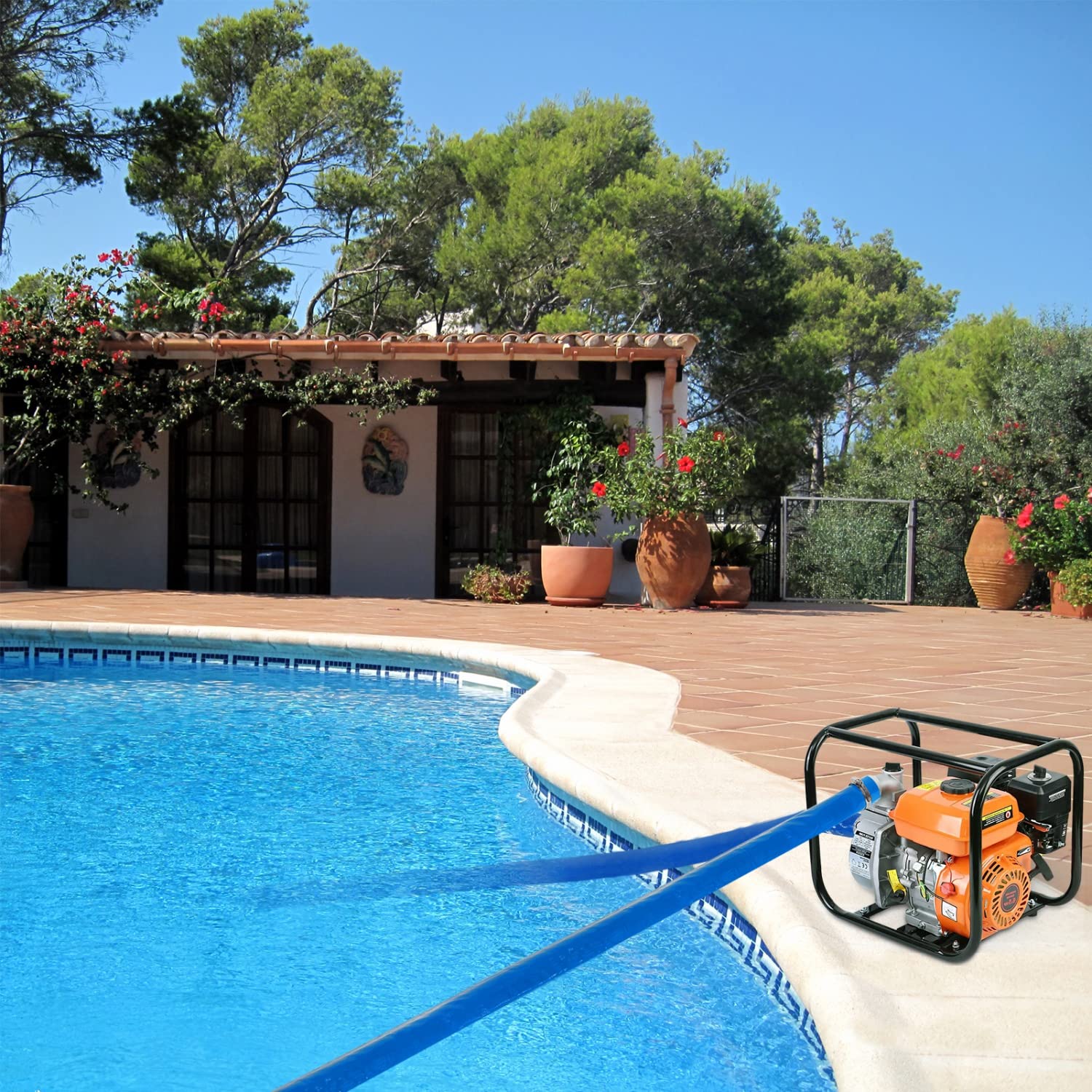 Gonioa hose laid out in backyard pool setting showing practical use for seasonal pool care