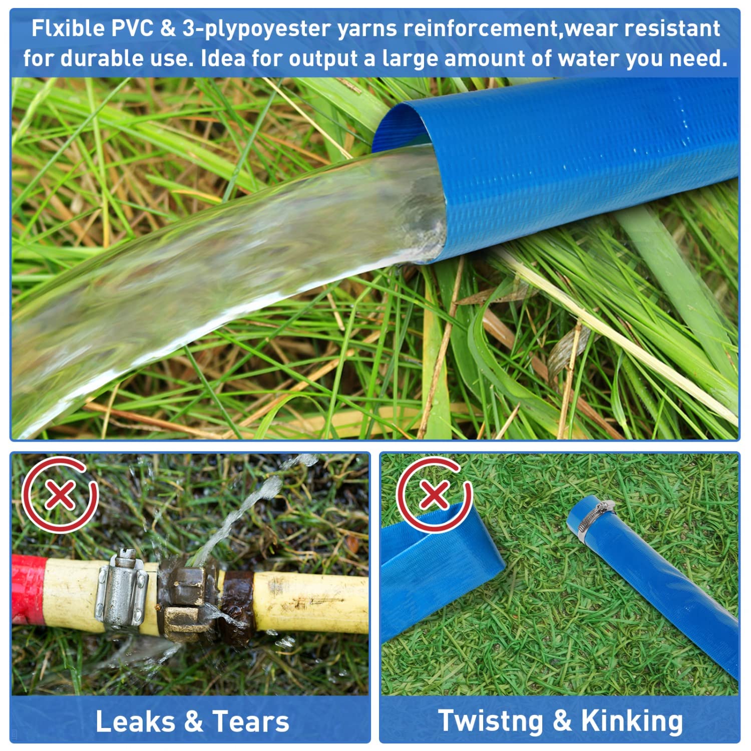 Gonioa hose attached to a discharge pump demonstrating secure fit and steady water flow