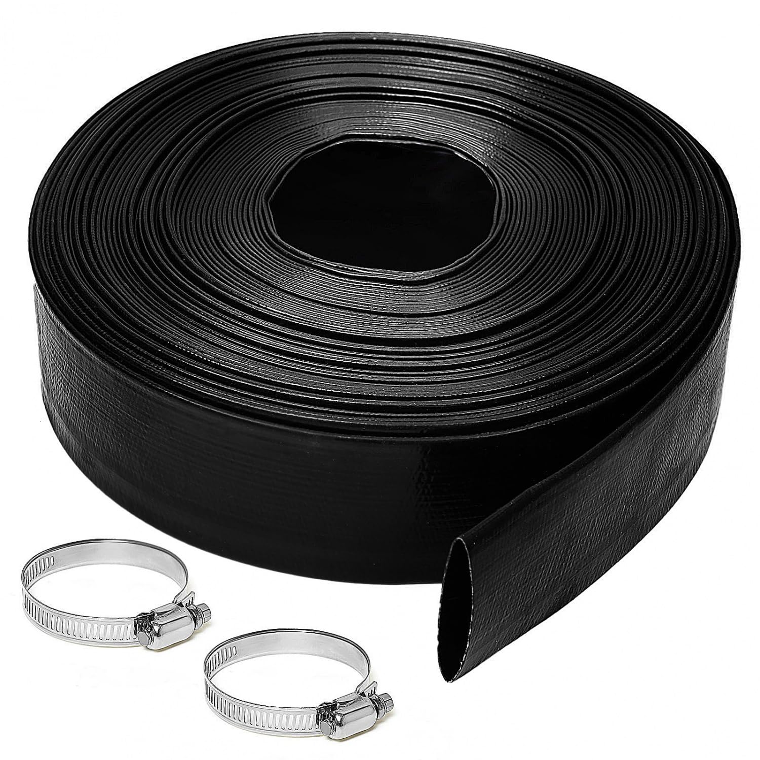 Gonioa front view of black 2-inch by 100 ft hose showing packaging and length benefits