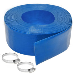 Gonioa front view of 2 inch x 50 ft blue pool backwash hose showing product and clamps for reliable discharge