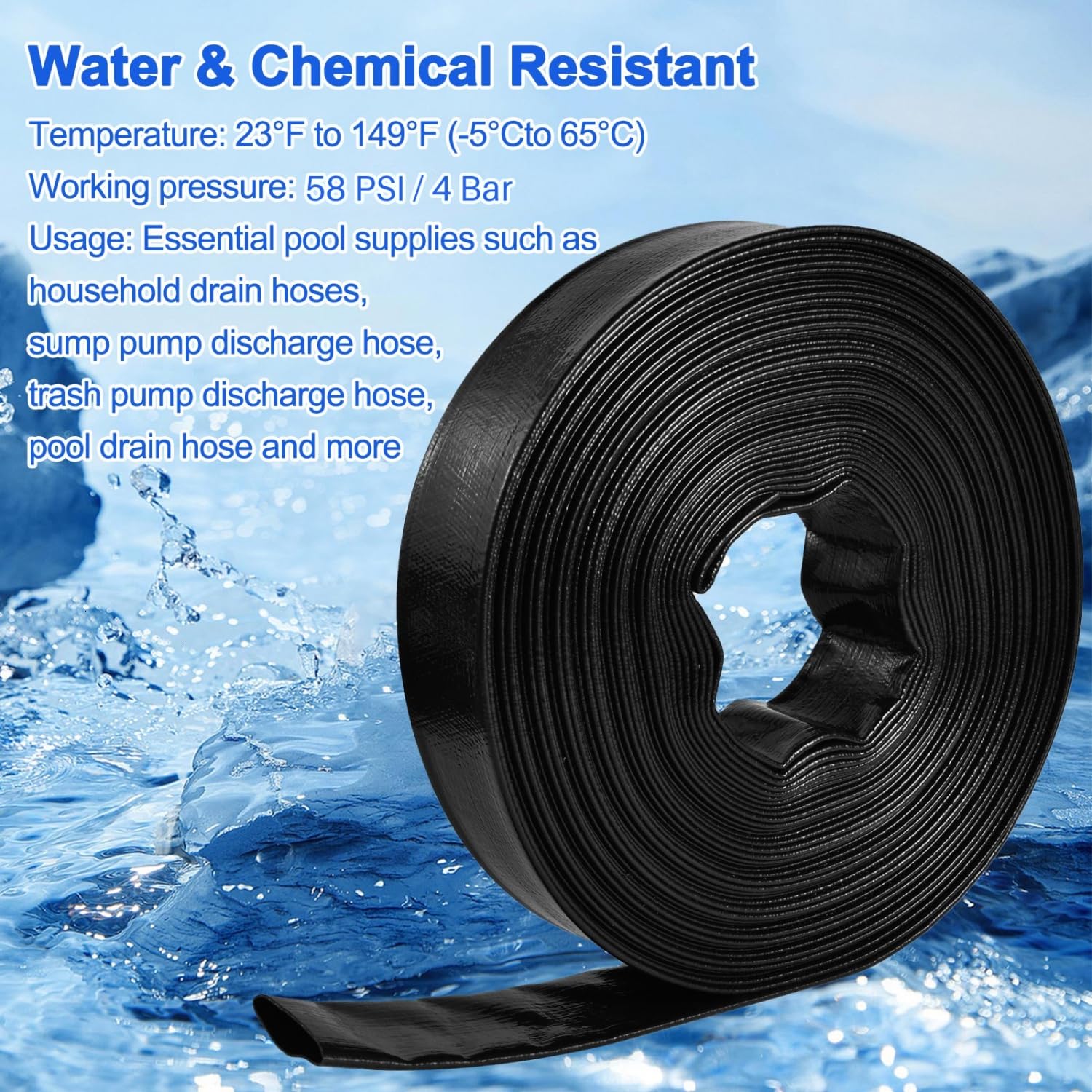 Gonioa hose connected to pool backwash outlet demonstrating fast high-flow discharge