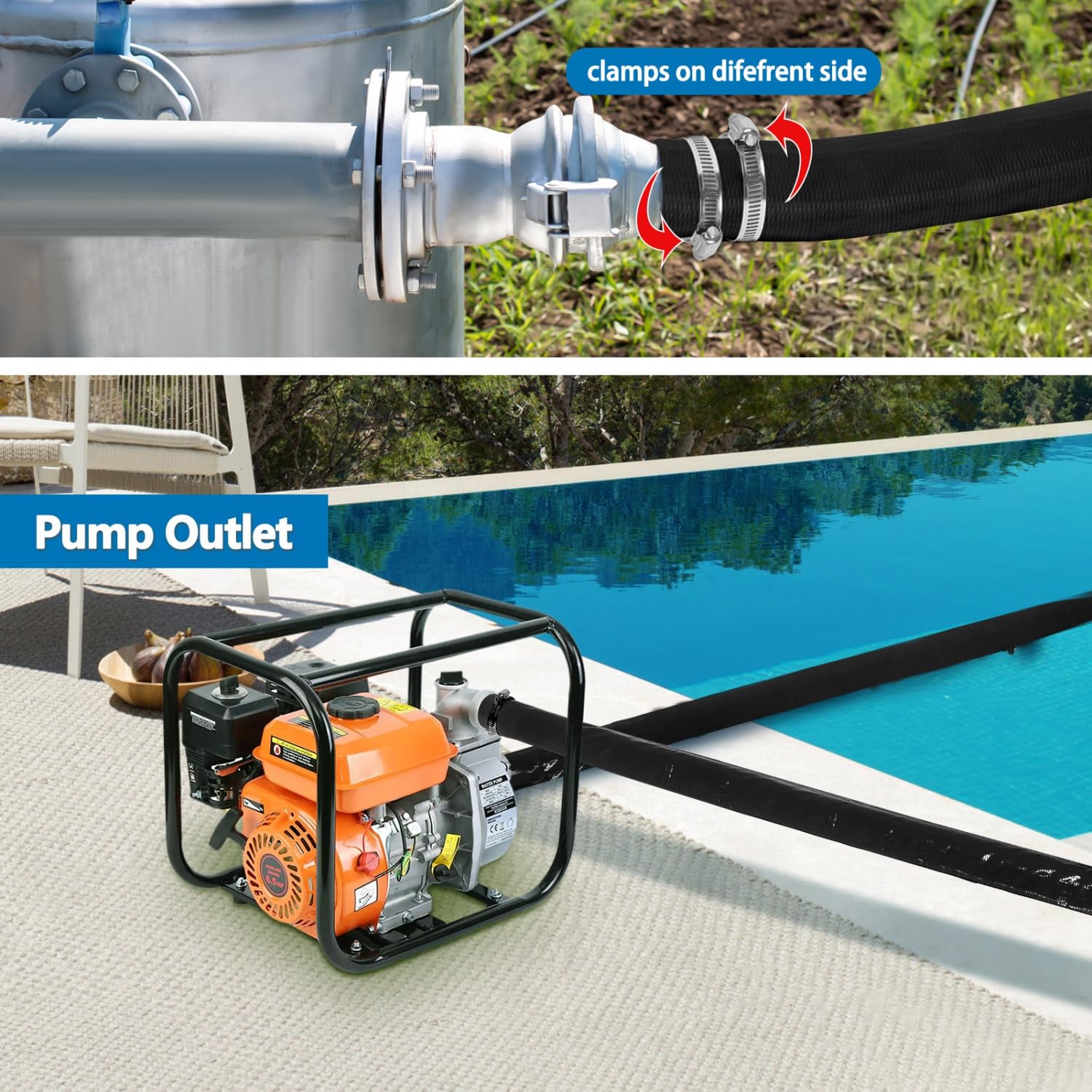 Lifestyle image of Gonioa hose removing pool water outdoors for seasonal maintenance