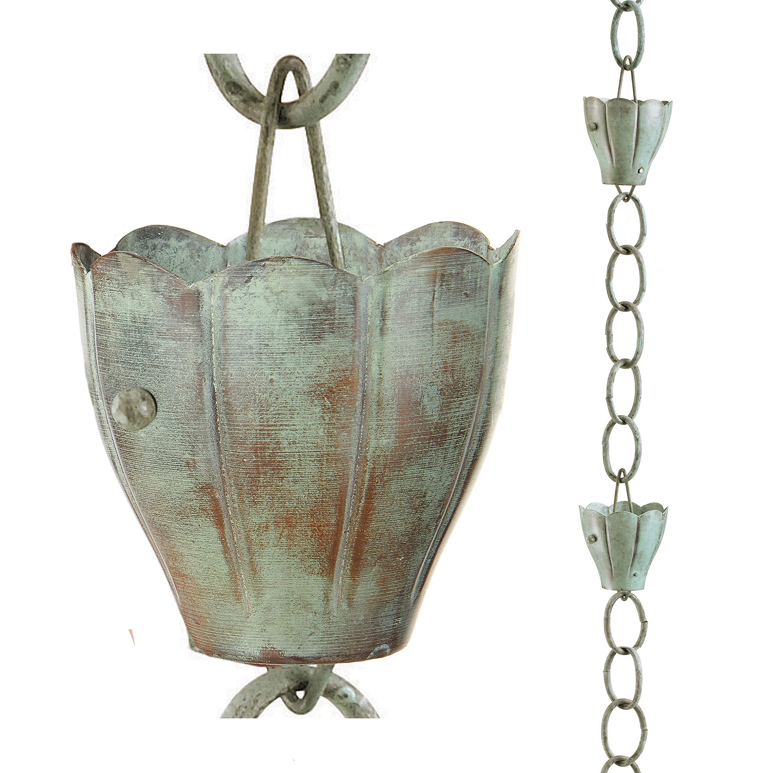 Good Directions Crocus rain chain front view showing full 8.5-foot Blue Verde finish and flow