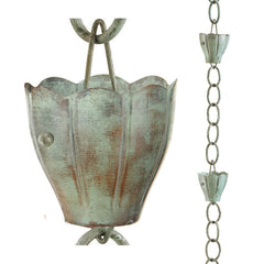 Good Directions Crocus rain chain front view showing full 8.5-foot Blue Verde finish and flow