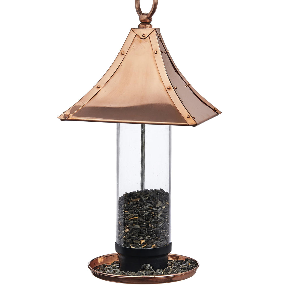 Good Directions pagoda front view showing copper roof and feeding tray benefit garden focal point