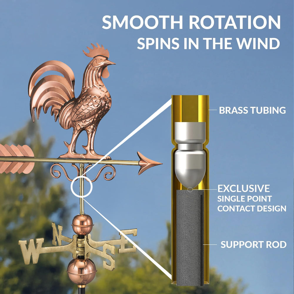 Good Directions copper rooster close-up showing polished finish and durable craftsmanship