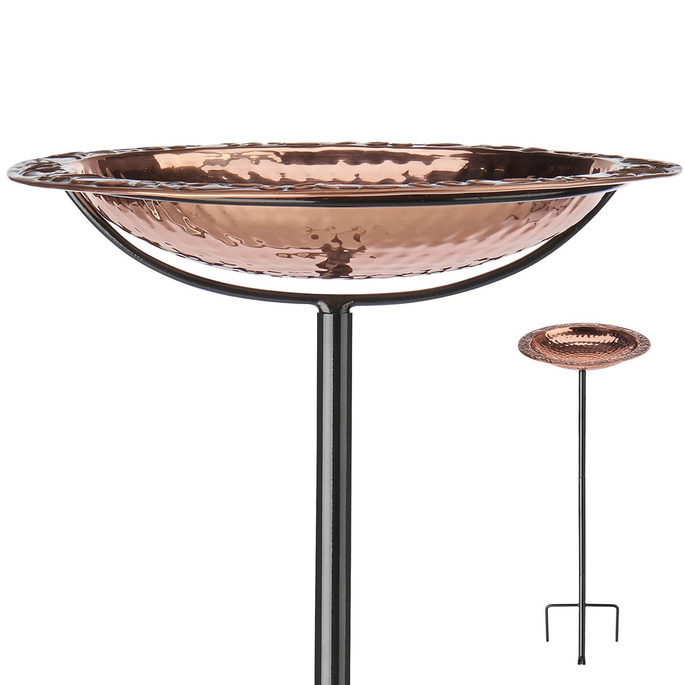 Good Directions polished copper bird bath front view shows elegant bowl and pole; attracts birds