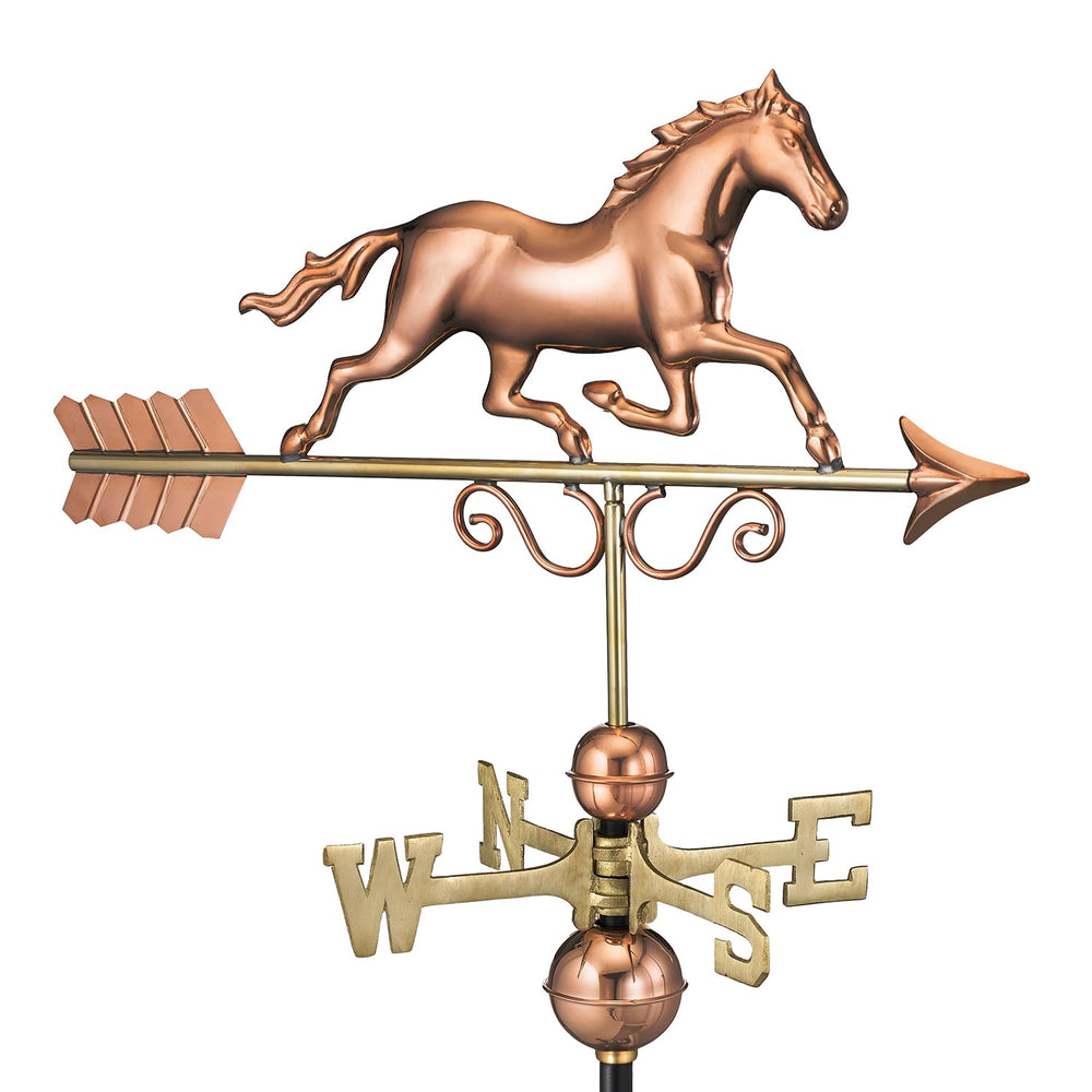 Good Directions polished copper galloping horse front view showing elegant rooftop accent