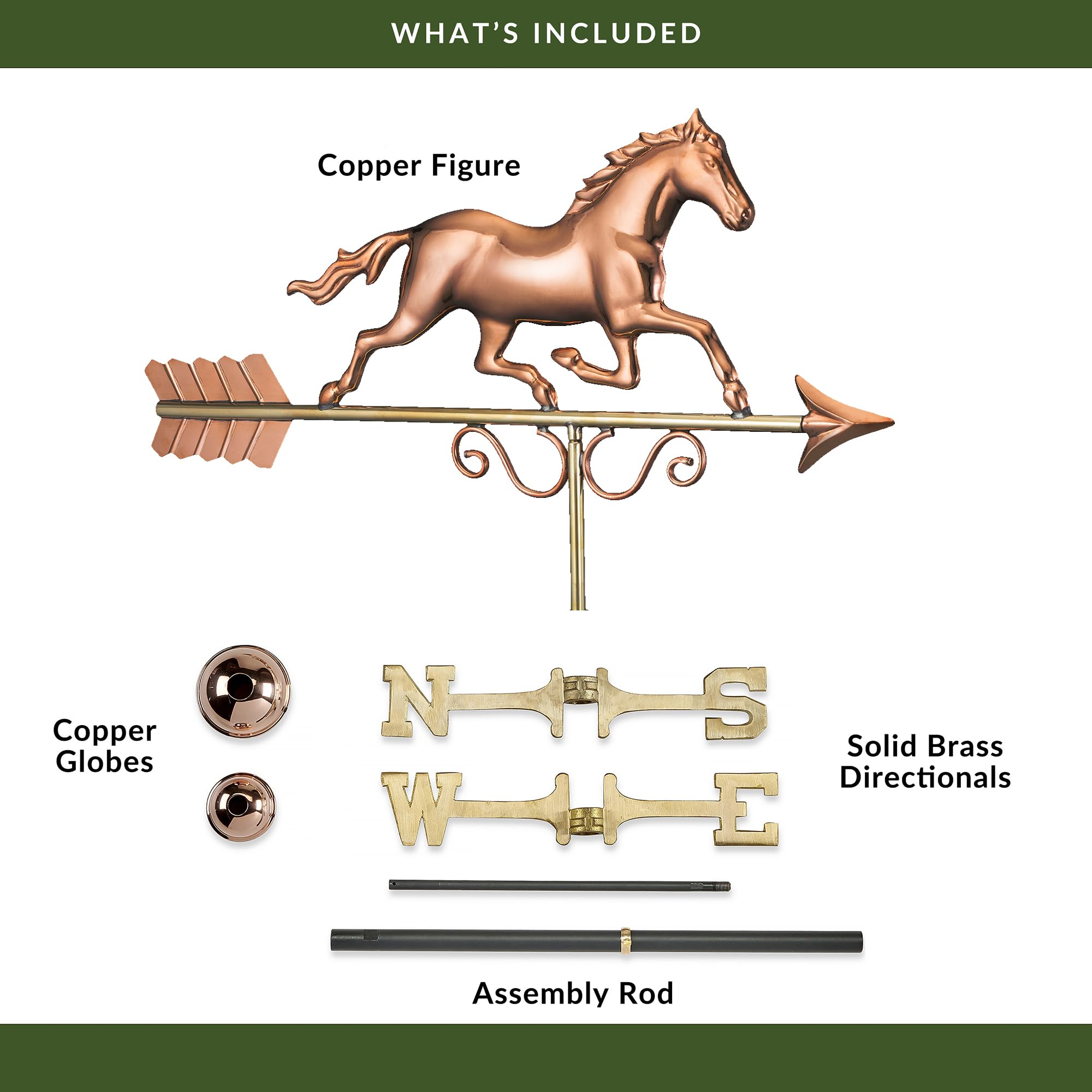 Good Directions polished copper galloping horse installed on roof showing size and charm