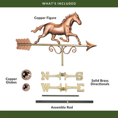 Good Directions polished copper galloping horse installed on roof showing size and charm