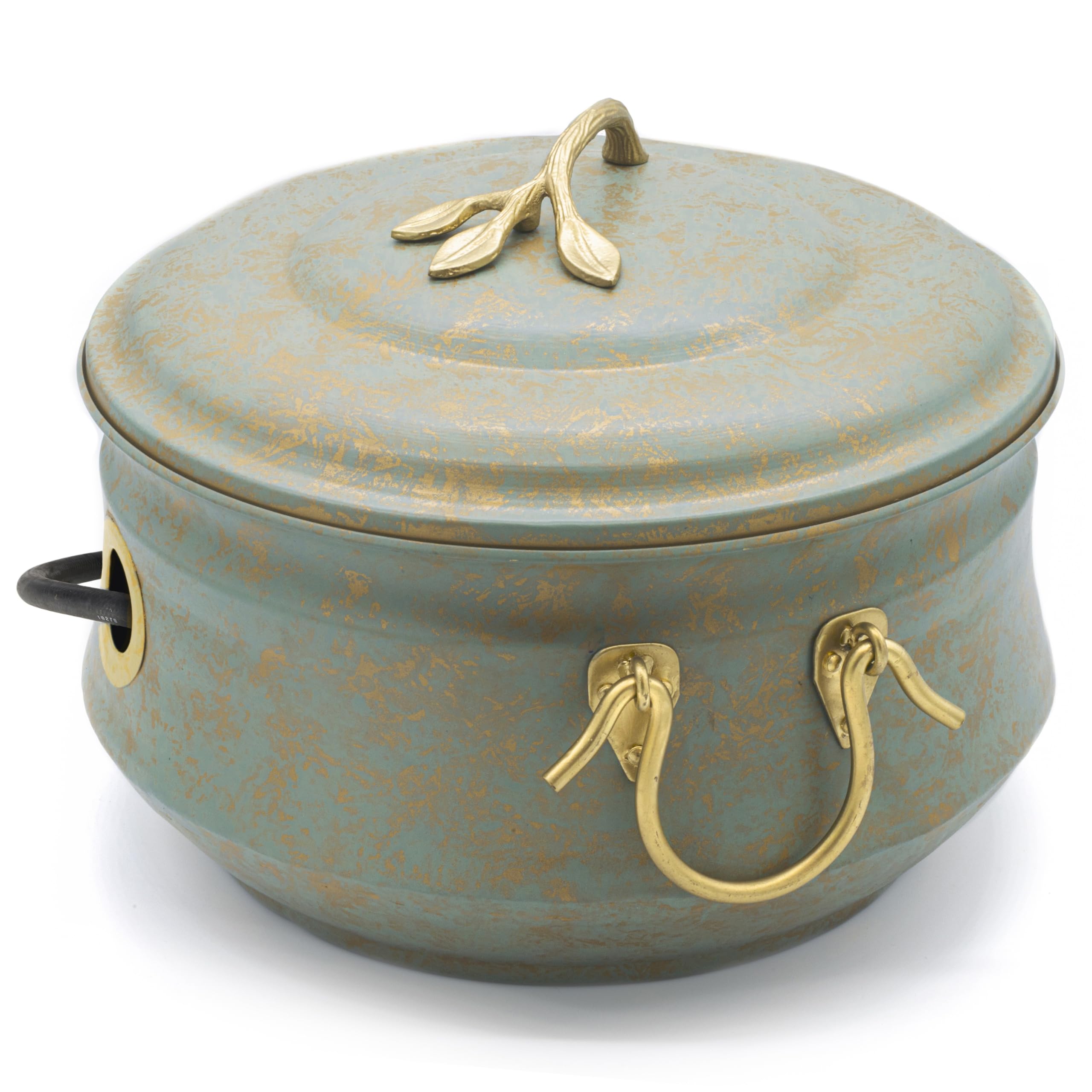 Good Directions Sedona hose pot front view showing verdigris finish and lid, stylish storage benefit