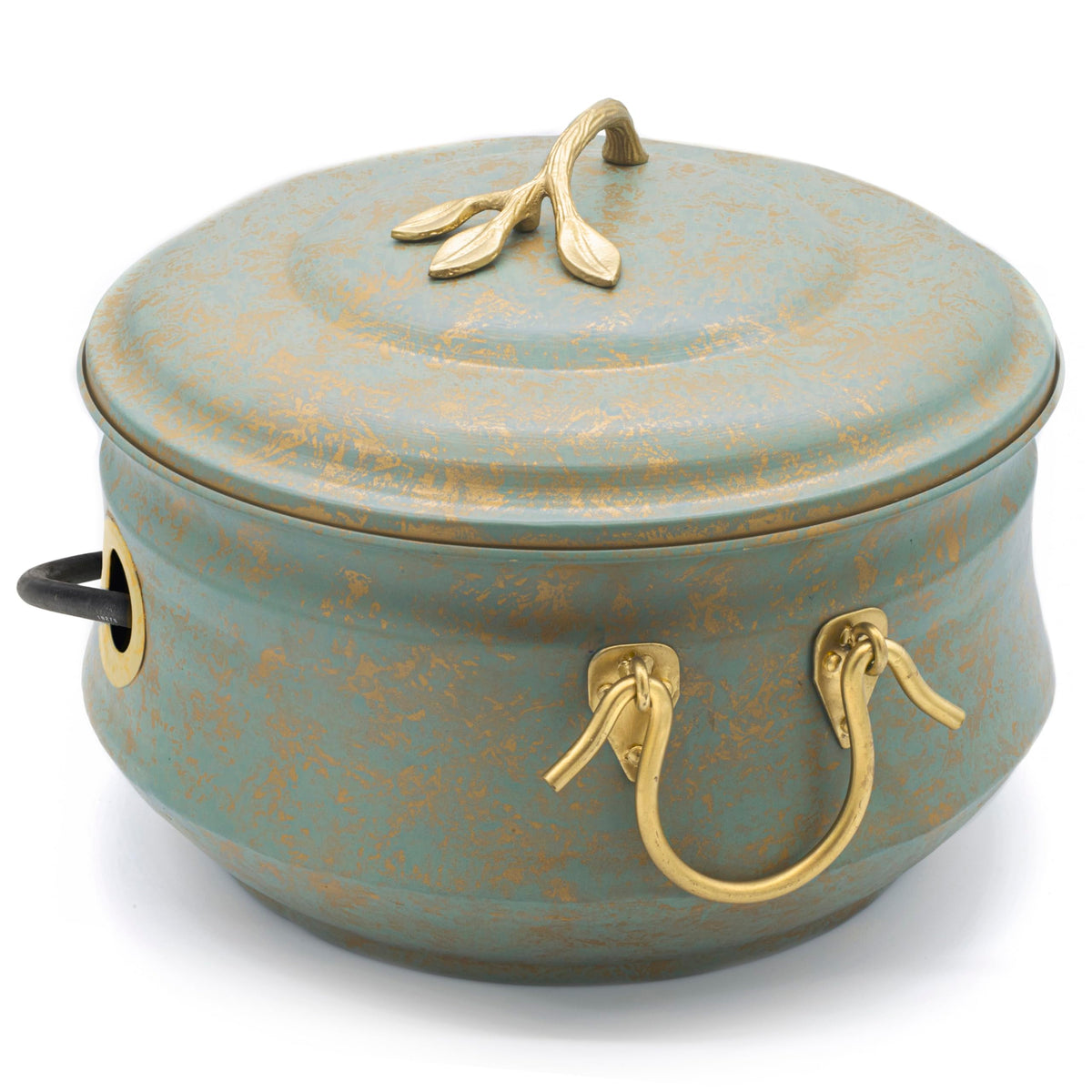 Good Directions Sedona hose pot front view showing verdigris finish and lid, stylish storage benefit