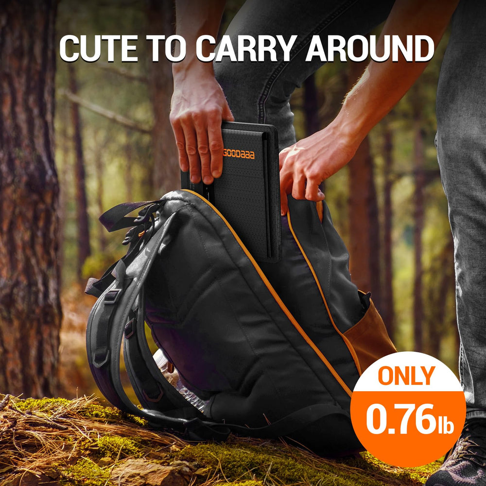 GOODaaa panel hanging on backpack in use illustrating hands-free charging on trail