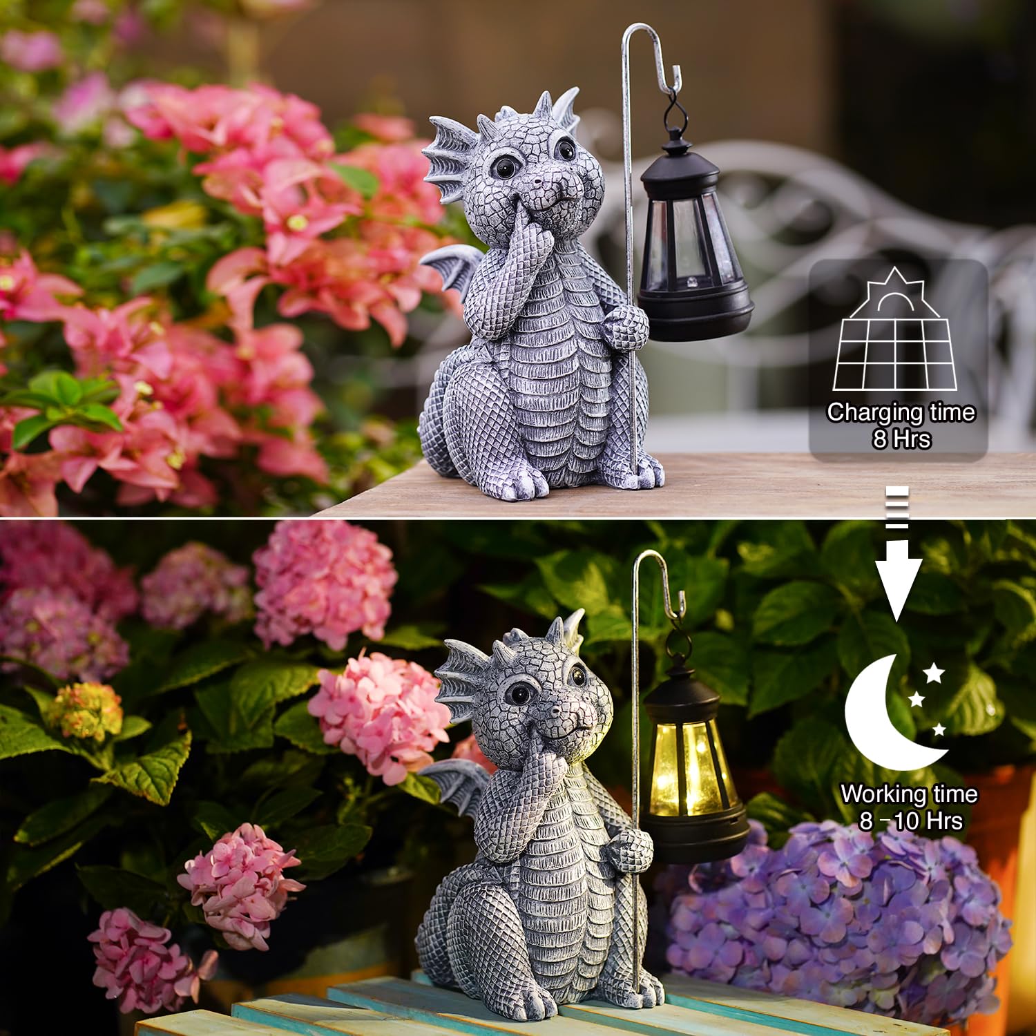 Goodeco dragon lit at night with warm glow enhancing patio atmosphere