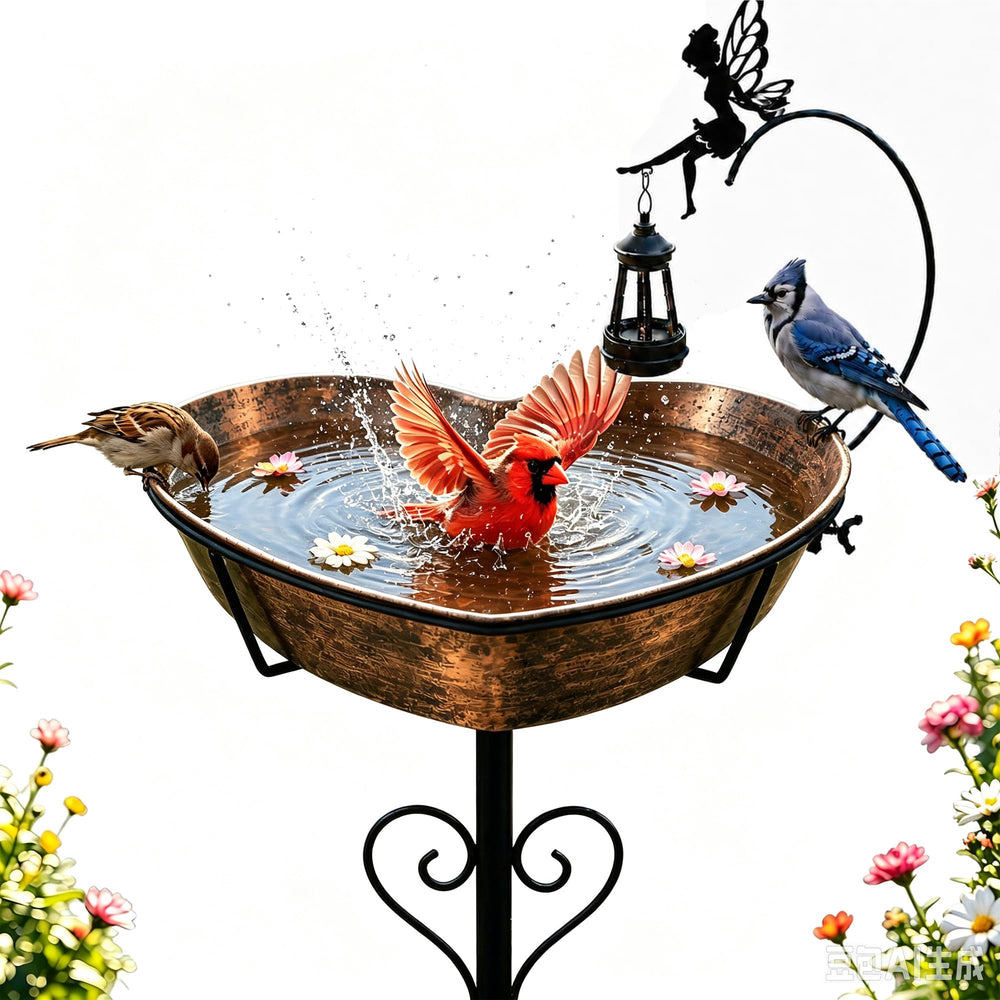 Goodeco heart-shaped bird bath front view adds charm and attracts birds