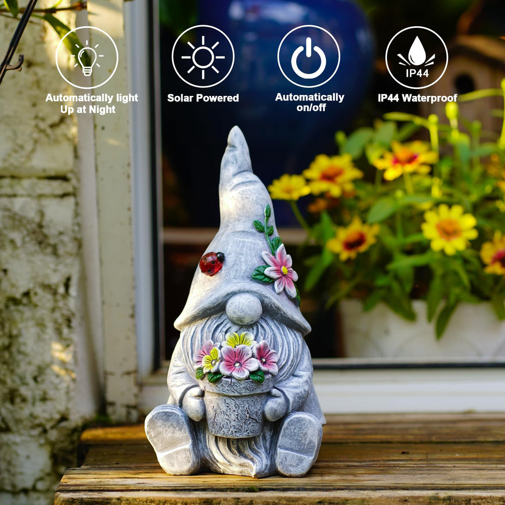 Goodeco gnome underside label and solar panel showing easy setup