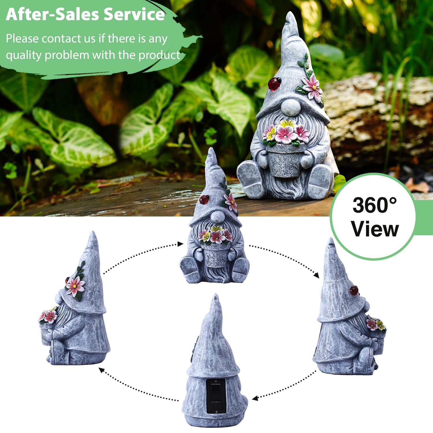 Goodeco gnome LED flower lit at night providing soft pathway lighting