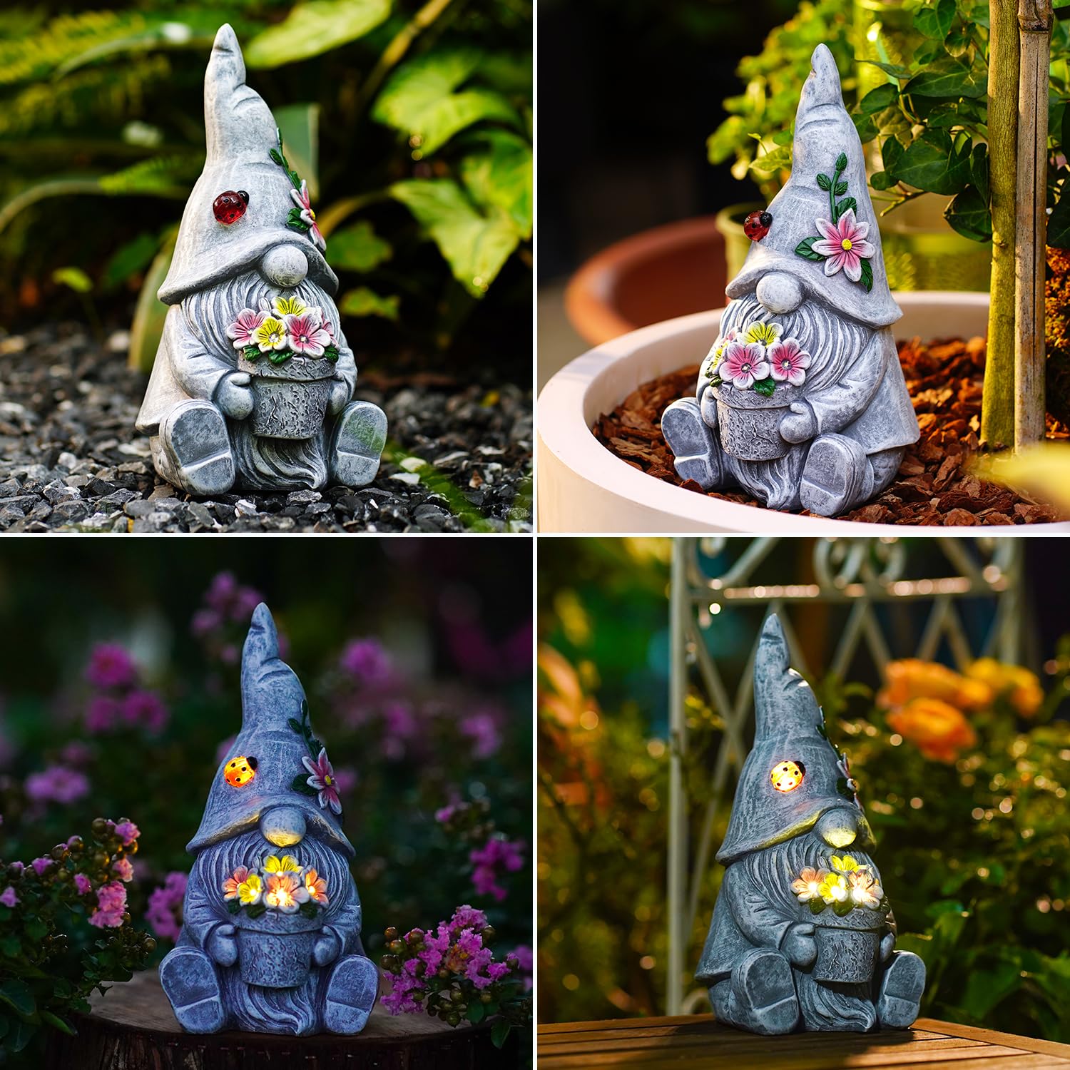 Goodeco gnome on a porch step creating welcoming evening ambience
