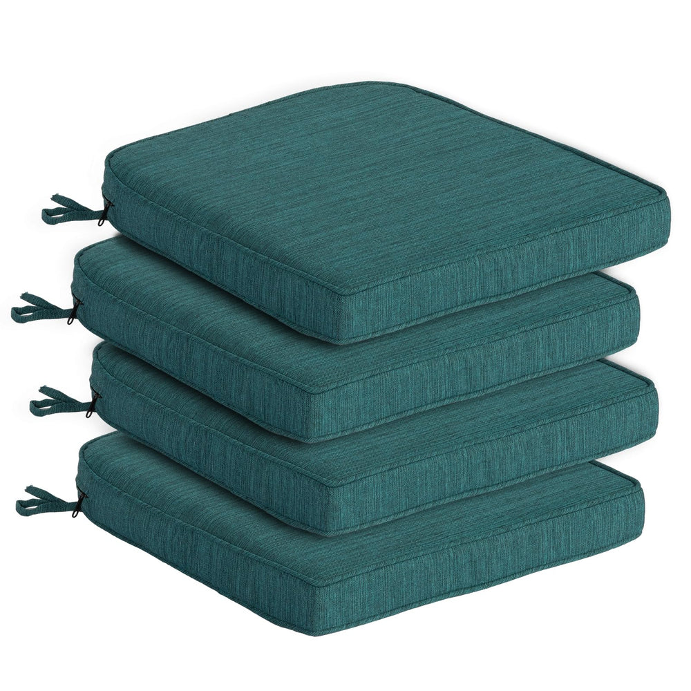 Goodgoods front view of four malachite cushions showing neat stack and color, durable look