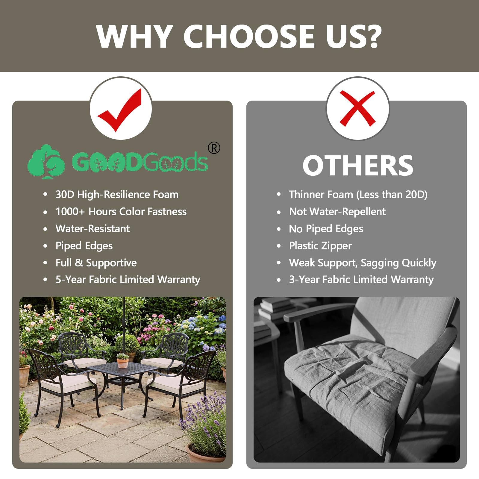 Goodgoods cushion on patio chair showing improved comfort and tailored fit outdoors