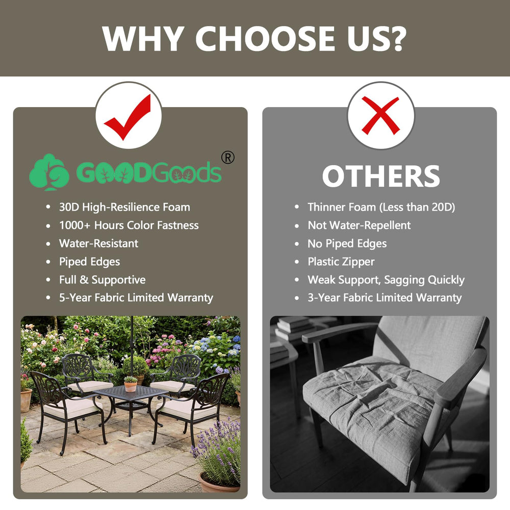 Goodgoods cushion on patio chair showing improved comfort and tailored fit outdoors