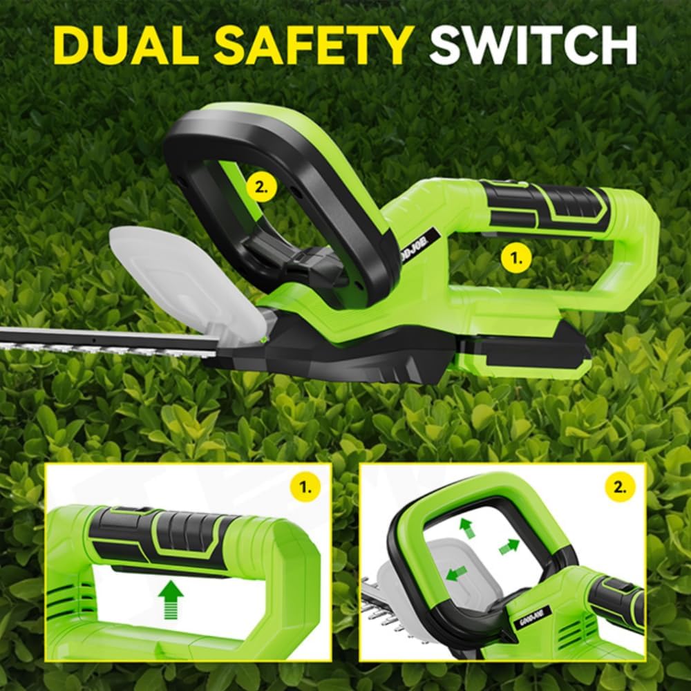 goodjob trimmer in use on backyard hedge delivering quiet efficient trimming
