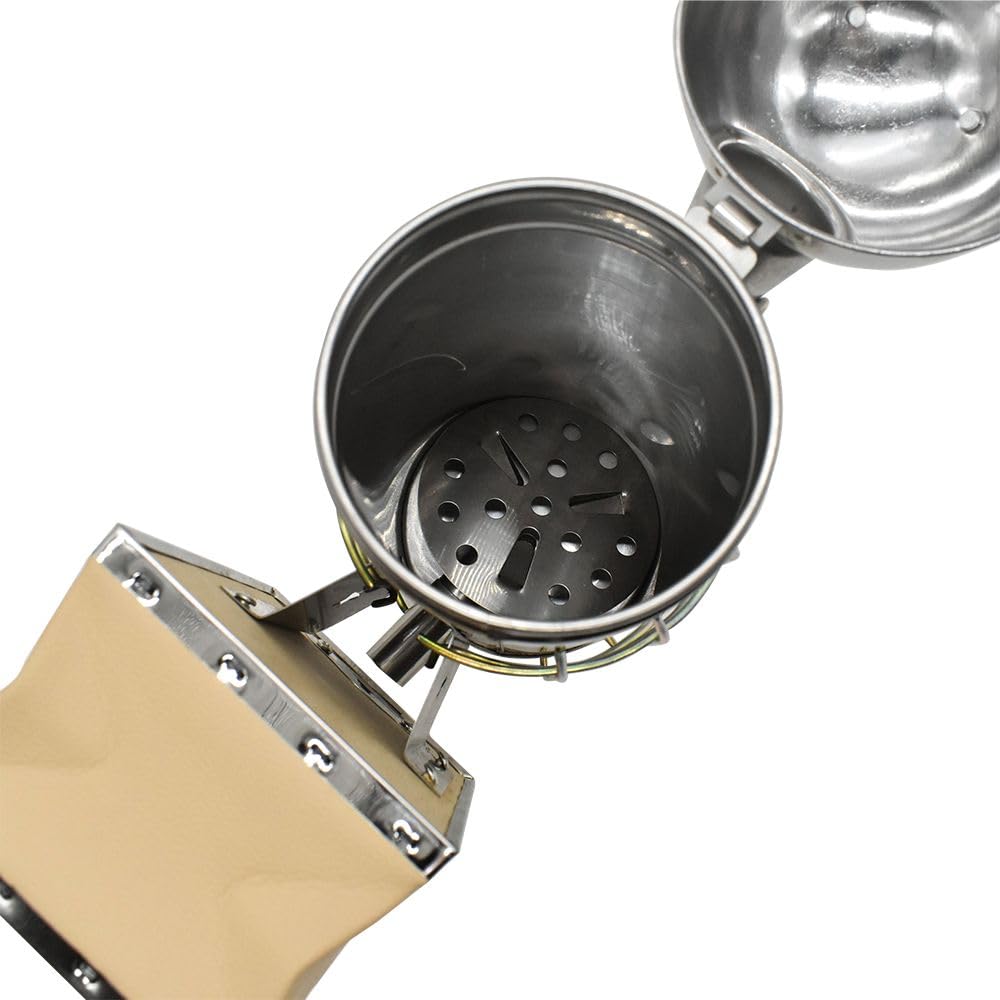 GOODLAND BEE SUPPLY smoker next to hive tool showing portable one-size design