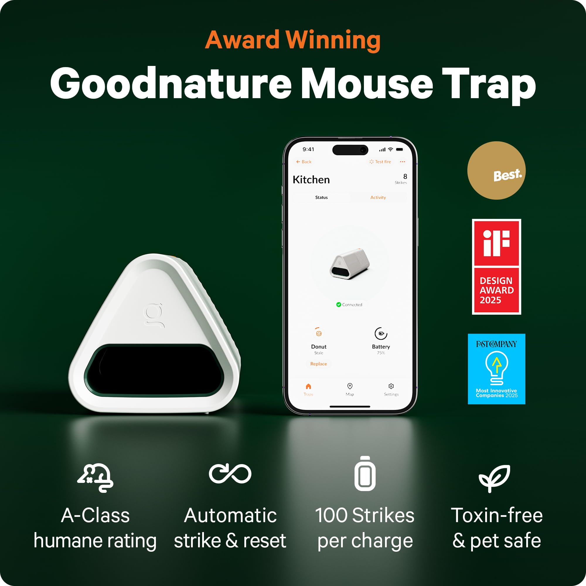 Goodnature side access panel open to show enclosed mechanism, prevents accidental contact