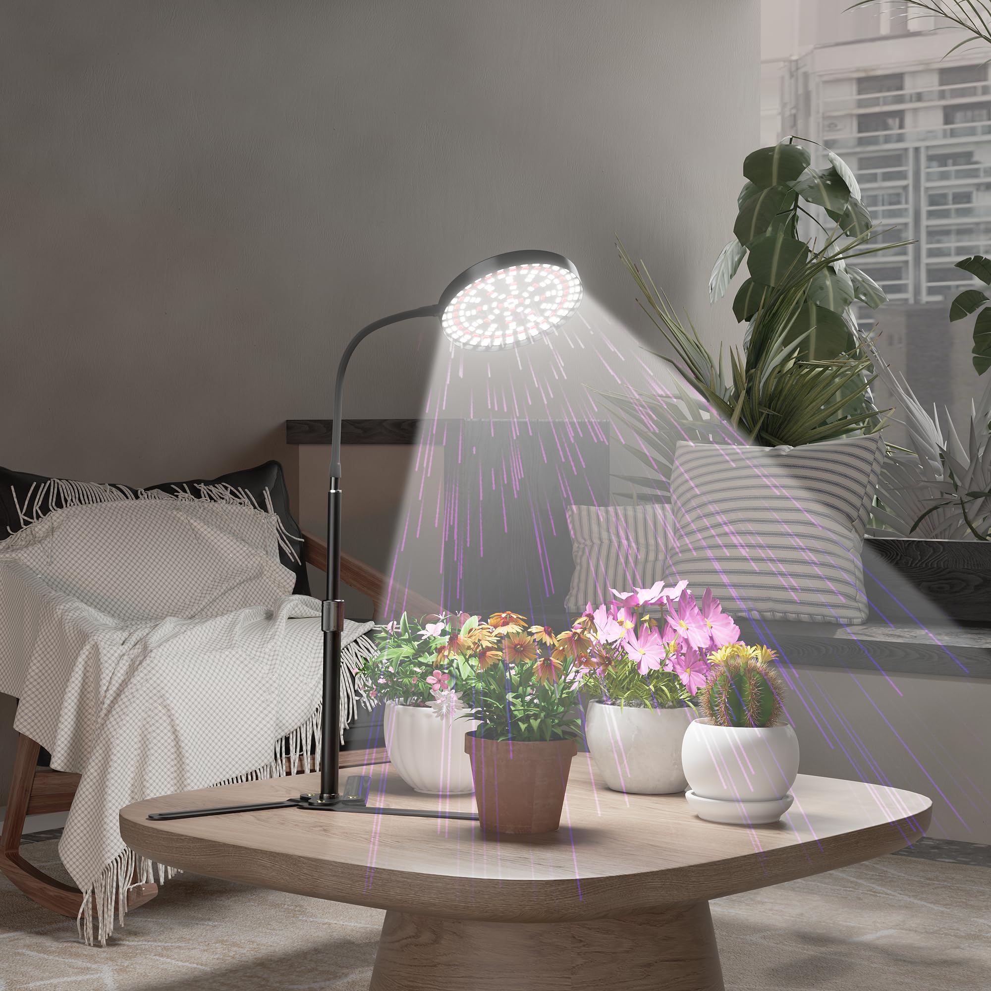 GooingTop lifestyle desk setup with herbs under the light showing compact indoor gardening