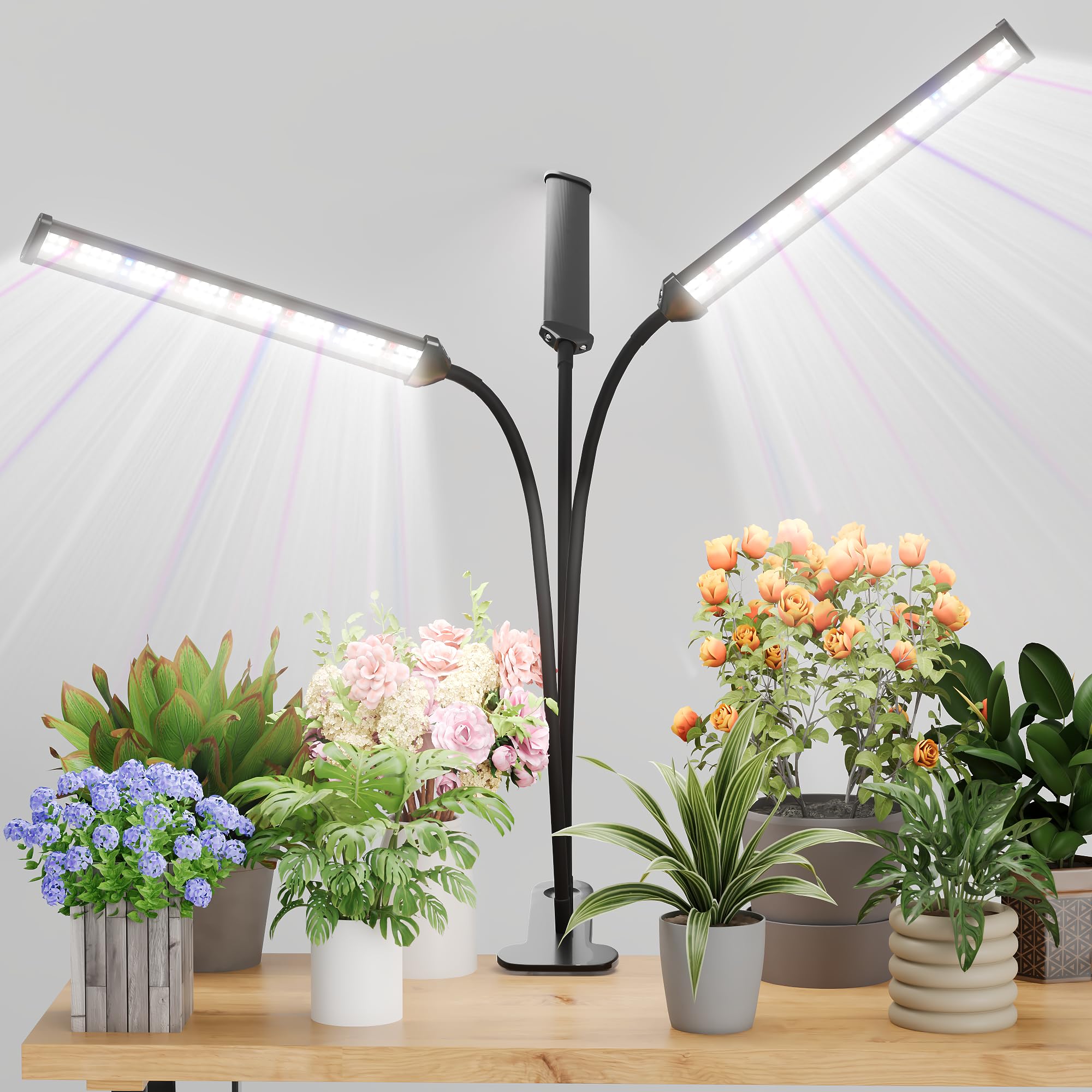 GooingTop front view clip-on grow light showing secure clamp and gooseneck for precise lighting