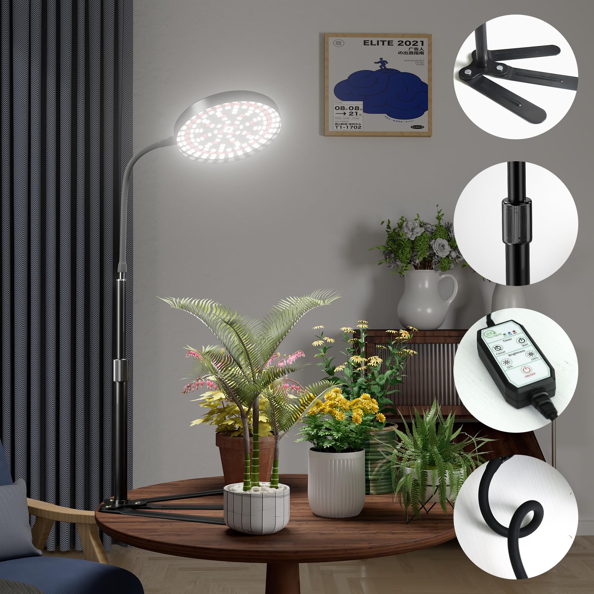 GooingTop flexible gooseneck detail illustrating 360-degree adjustment for targeted lighting