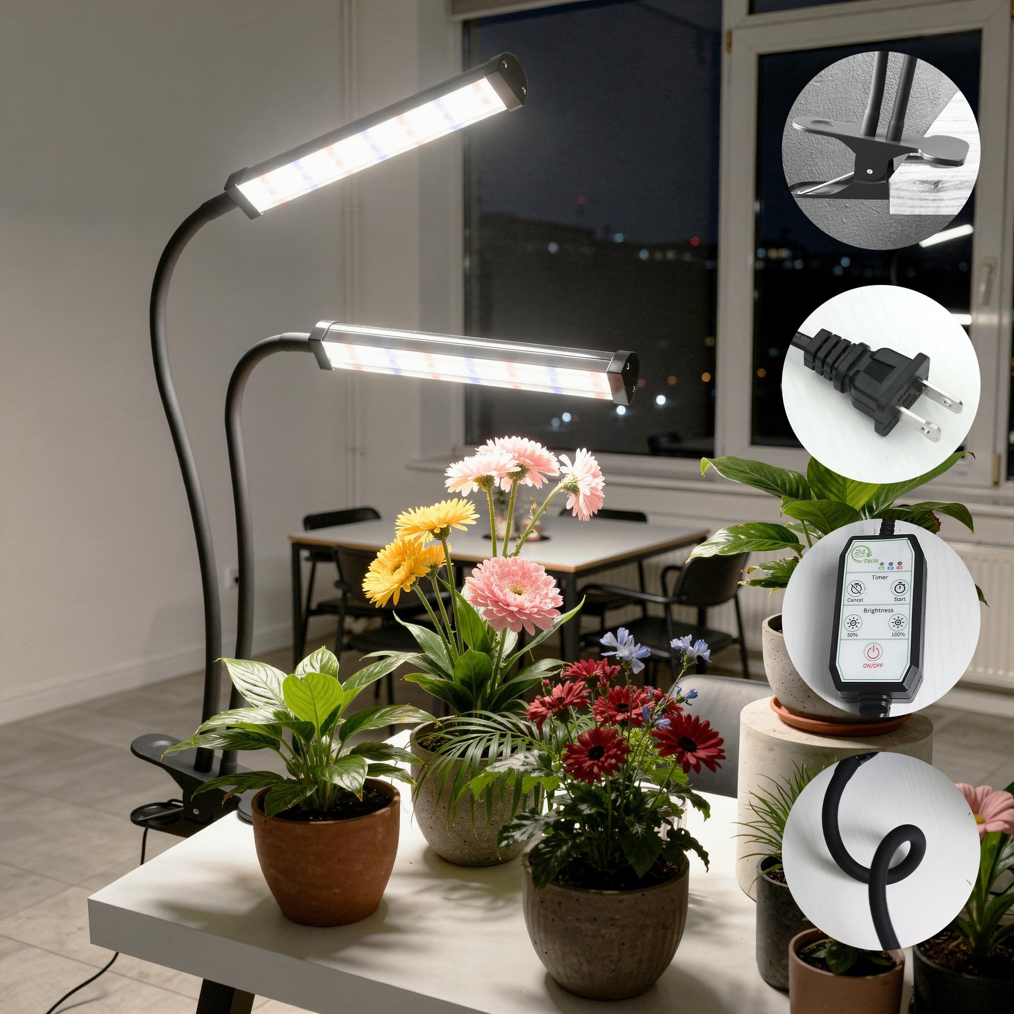 GooingTop lamp lighting a desk herb garden, promoting healthy indoor growth