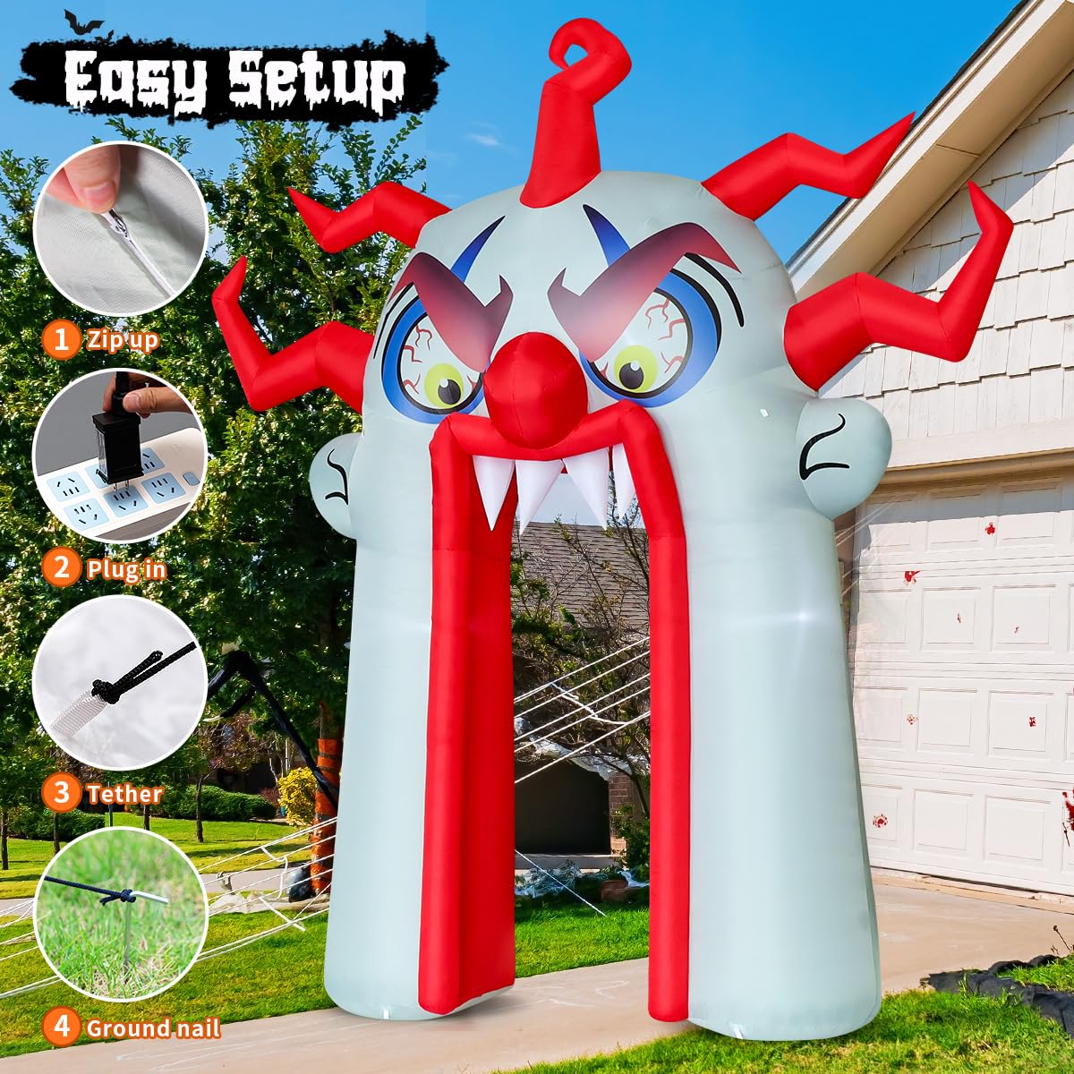 GOOSH anchoring stakes and ropes securing inflatable in a yard