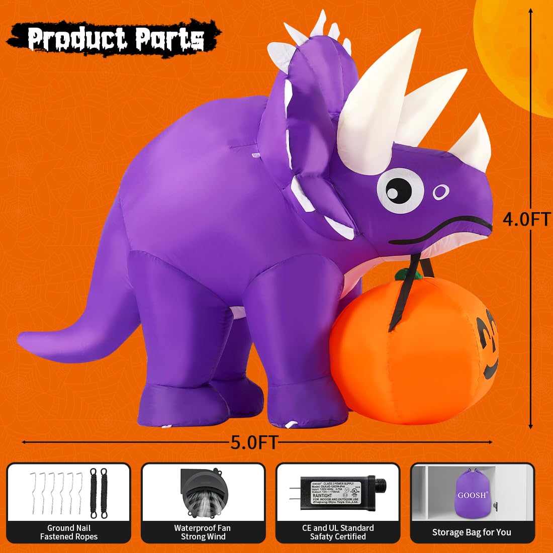 GOOSH deflated dinosaur folded in storage bag for compact off-season storage