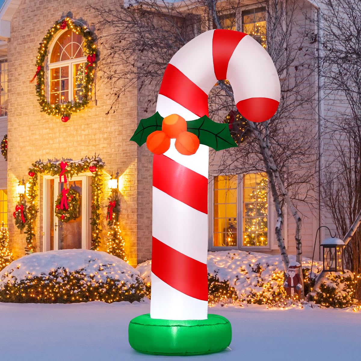 GOOSH front view of 6 ft candy cane showing festive LED glow and shape