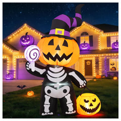 GOOSH front view of 6ft inflatable pumpkin skull, makes yard festive
