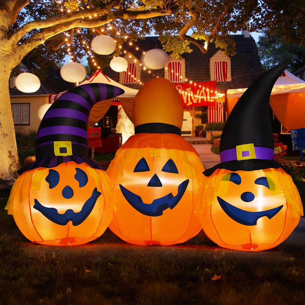 GOOSH front view of three pumpkin combo showing friendly faces and hats, great curb appeal