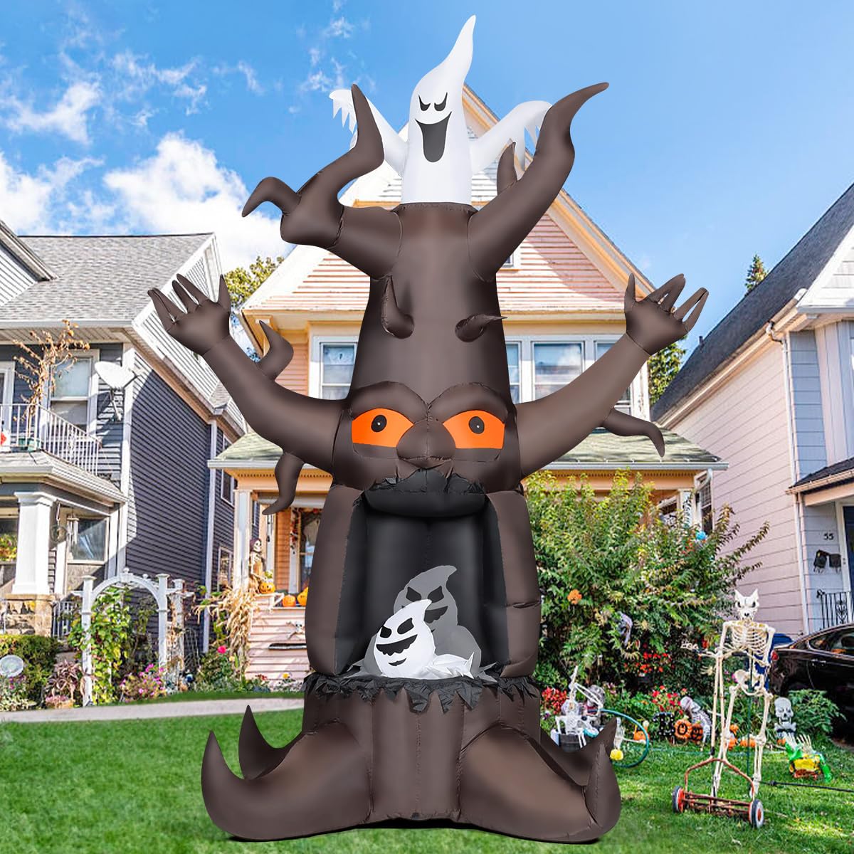 GOOSH yard installation at night creating visible curbside Halloween attraction
