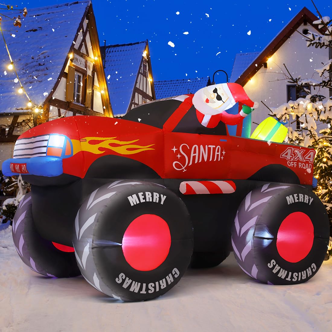 GOOSH front view of monster truck Santa inflatable showing festive design and curb appeal