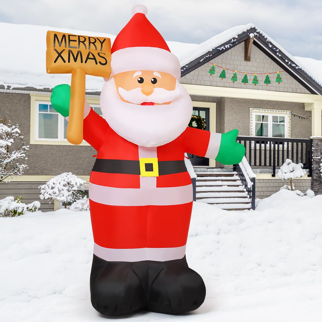 GOOSH Santa inflated in yard at night adding bright curbside cheer