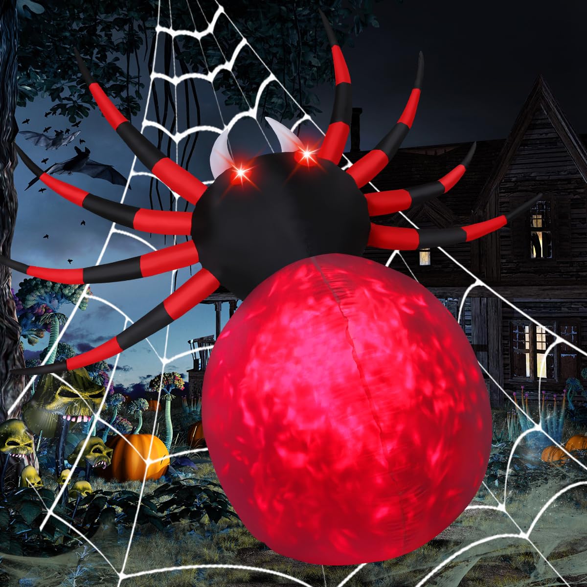 GOOSH spider illuminated at night with red LED eyes for spooky curb appeal