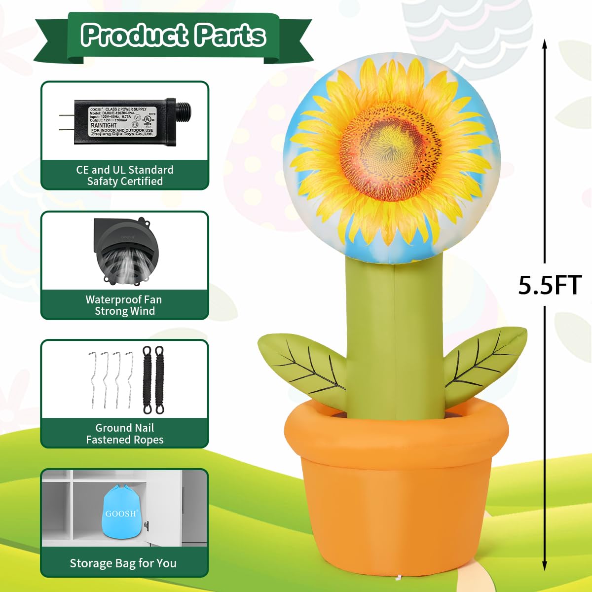 GOOSH sunflower staked on lawn demonstrating secure outdoor placement benefit