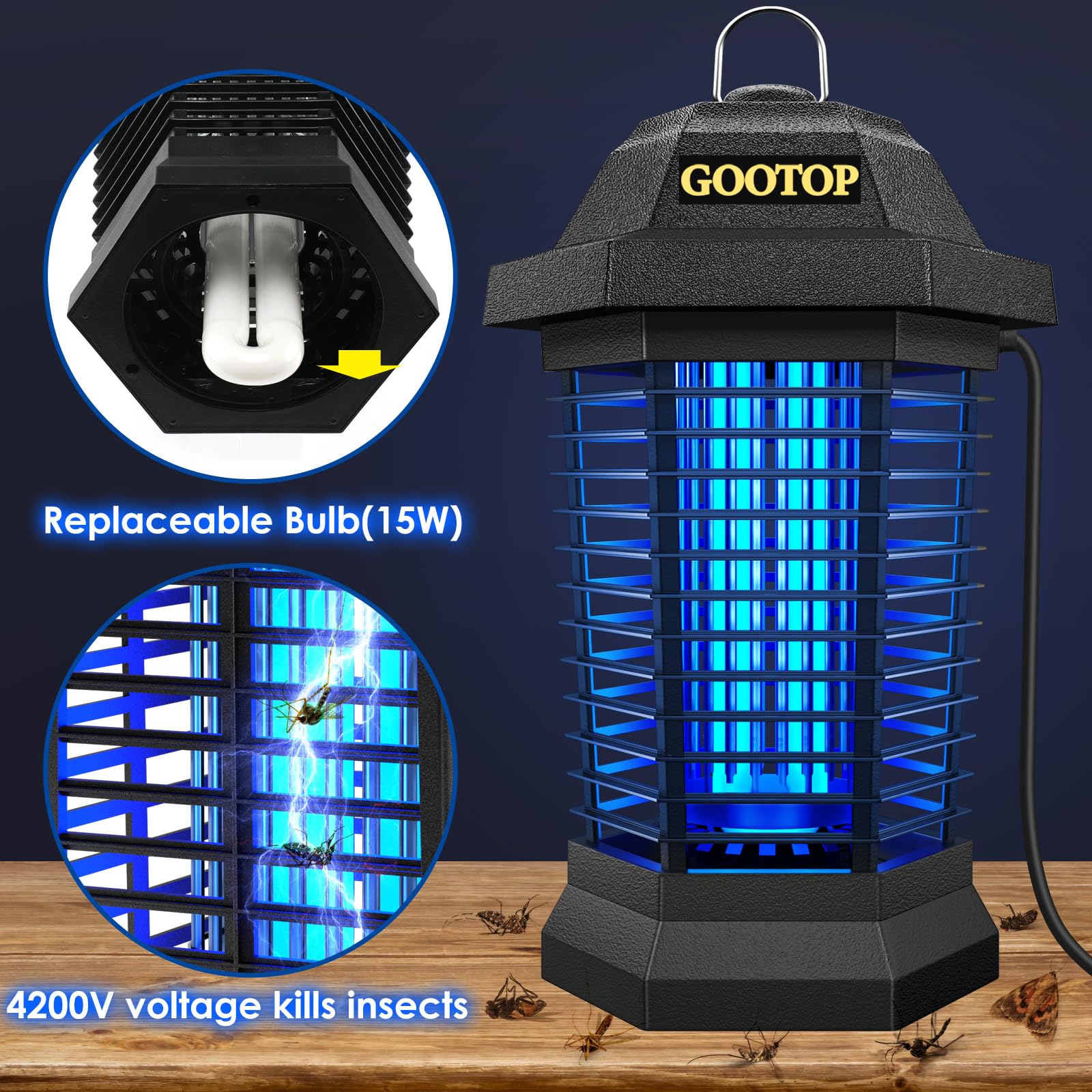 GOOTOP bulb detail showing replaceable 15W lamp for sustained attraction