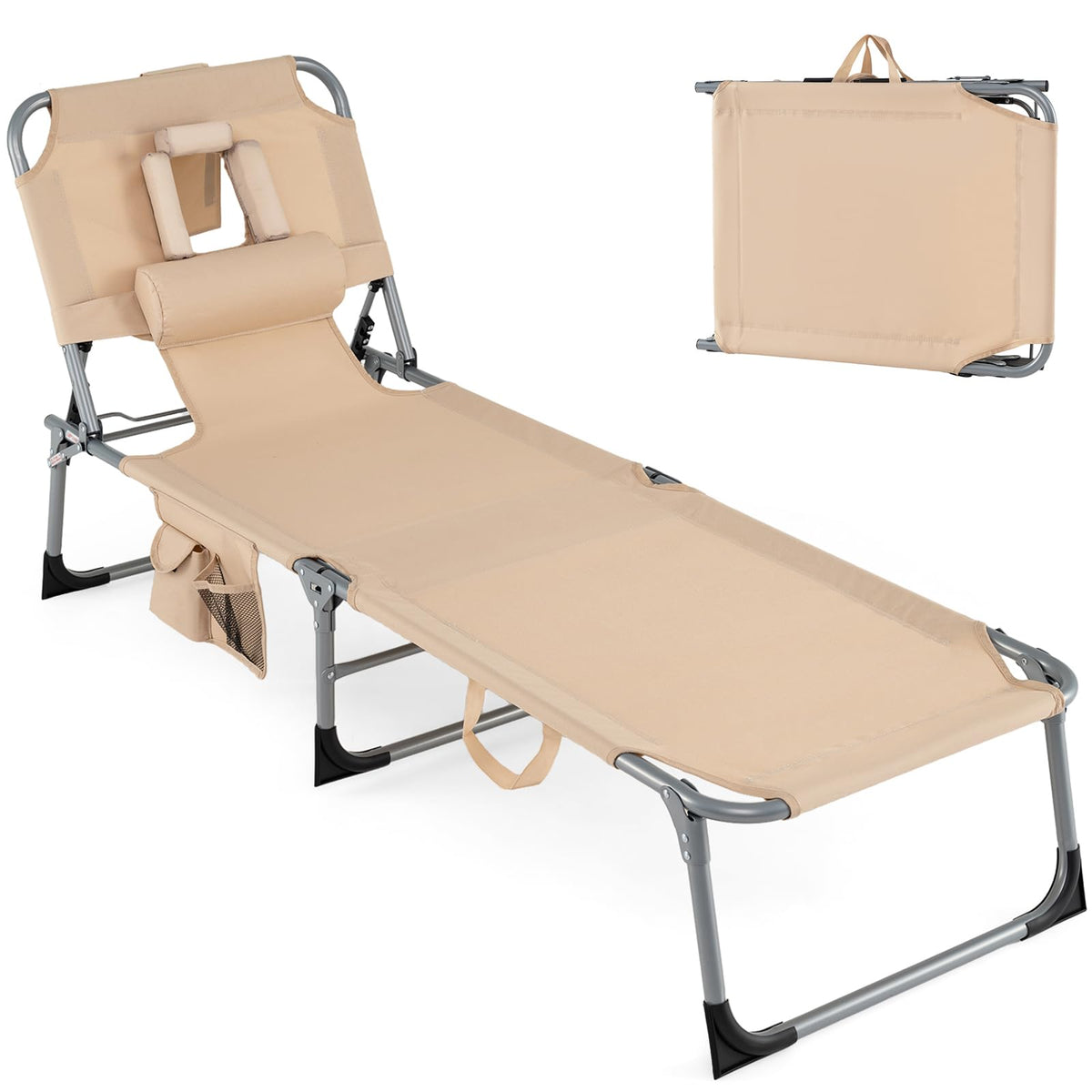 Goplus front view beige lounge showing adjustable recline and comfortable seating
