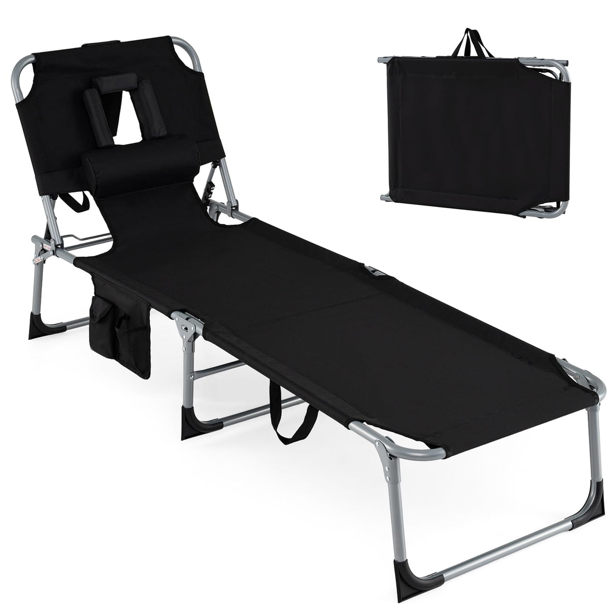 Goplus front view of lounge chair folded and open showing portability benefit