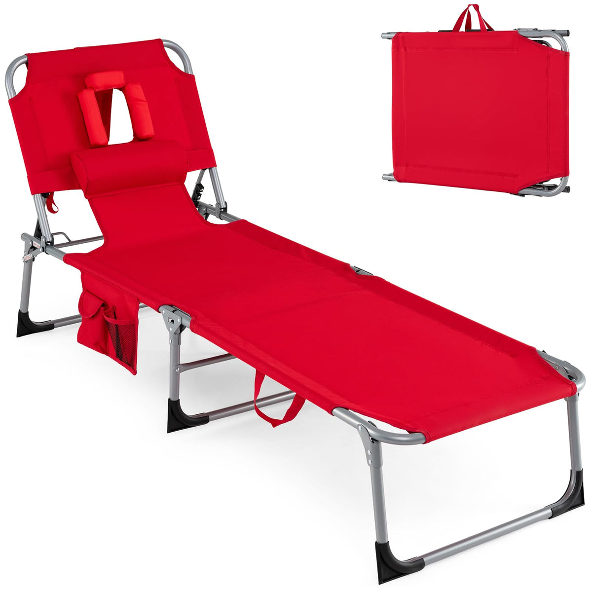 Goplus front view of red tanning chair showing full open frame and seat benefit comfort