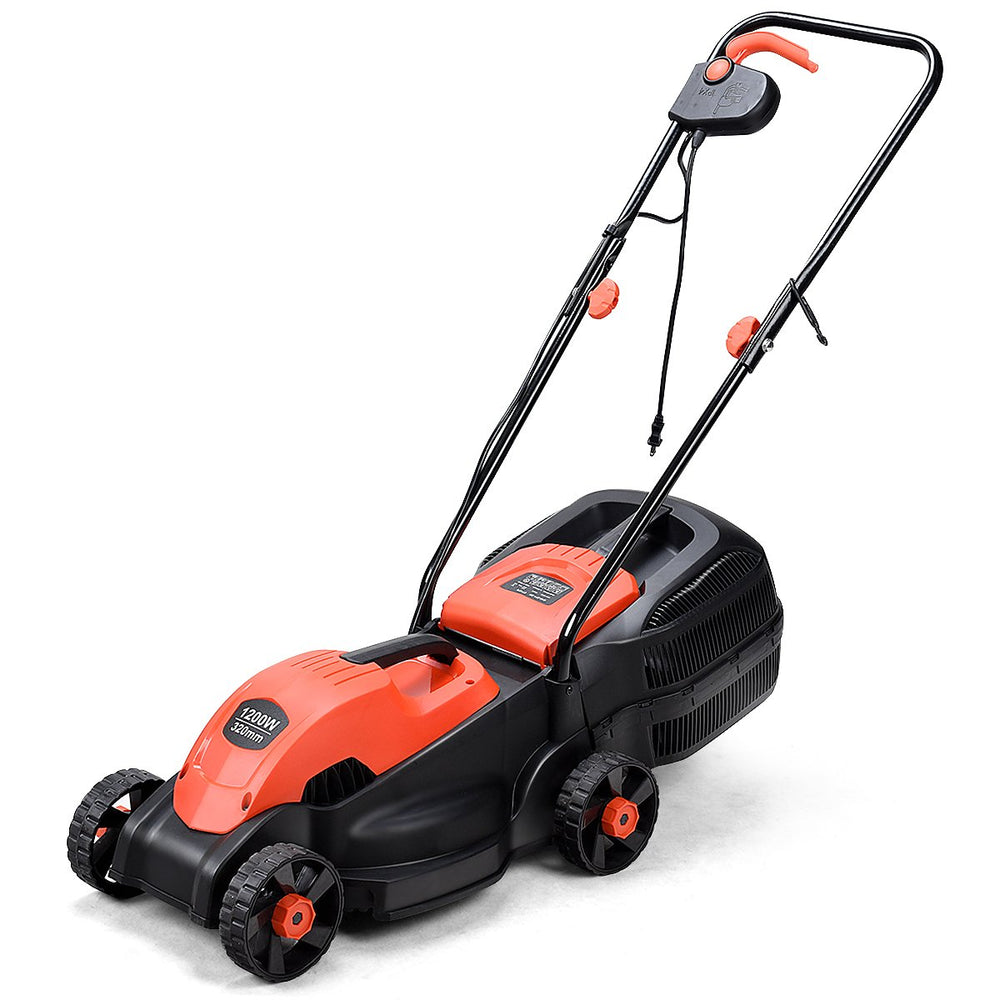 Goplus front view showing red mower and compact design for easy transport