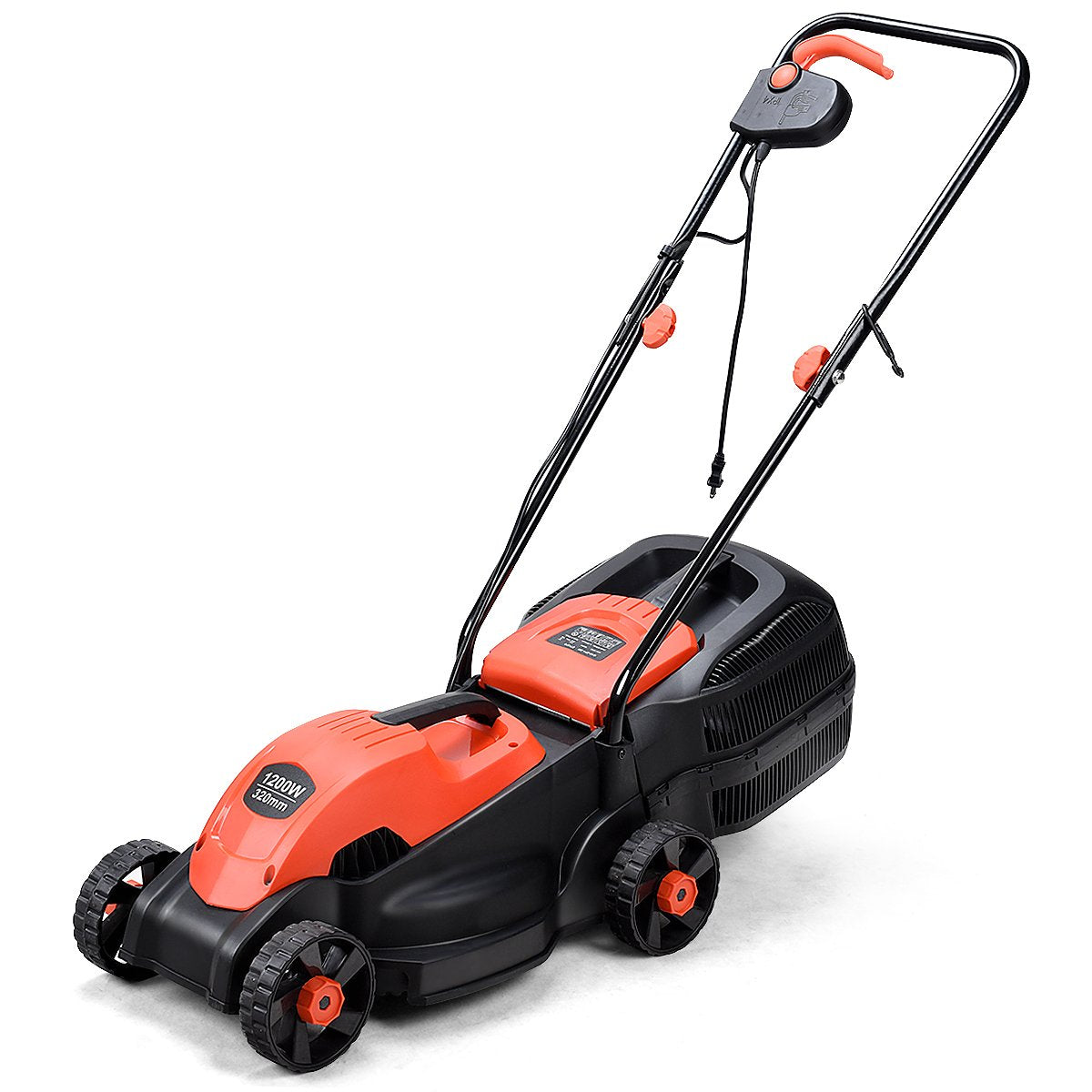 Goplus front view showing red mower and compact design for easy transport