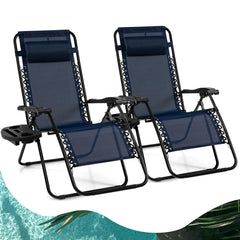 Goplus front view of two navy lounge chairs showing portable comfort