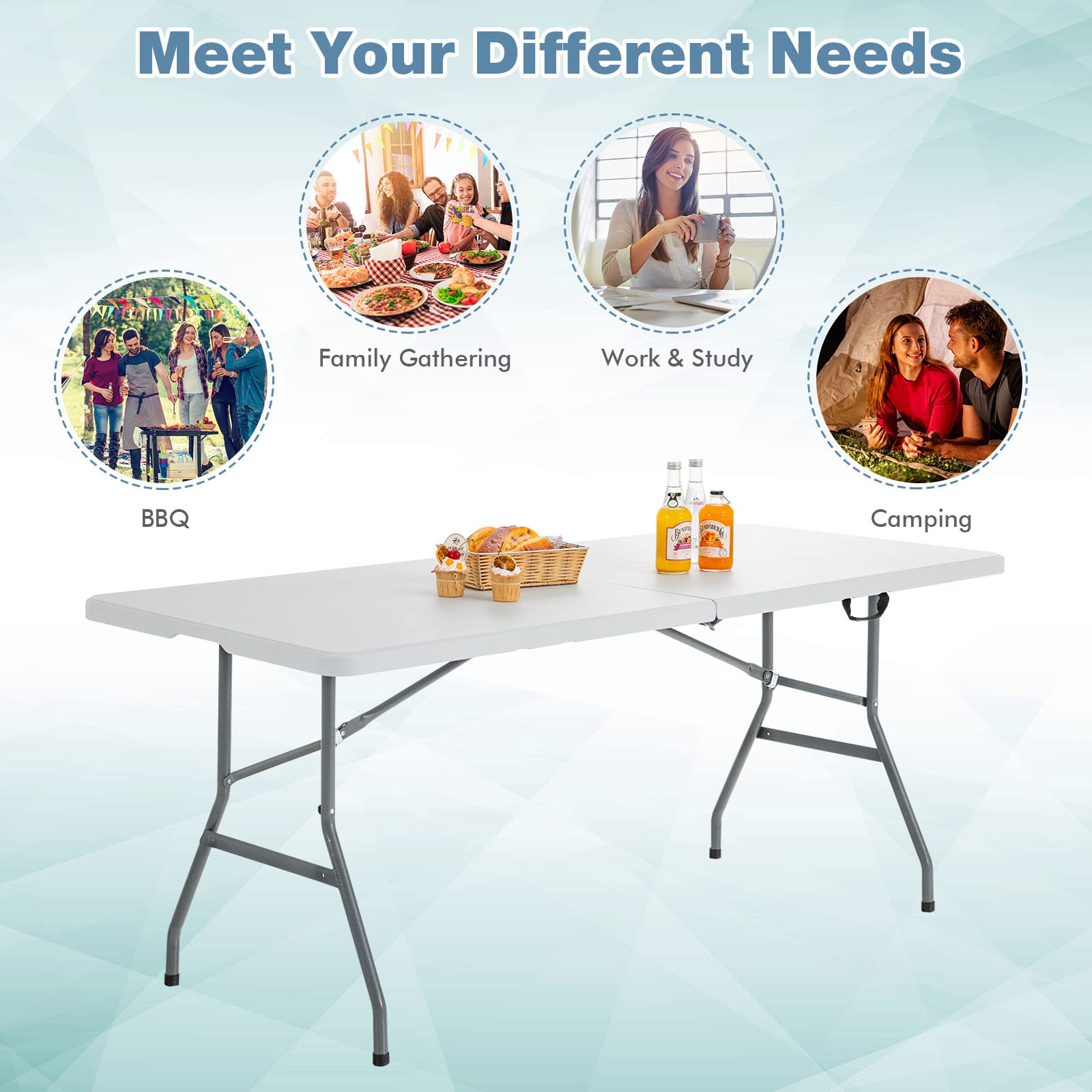 goplus table next to people showing size for eight adults capacity